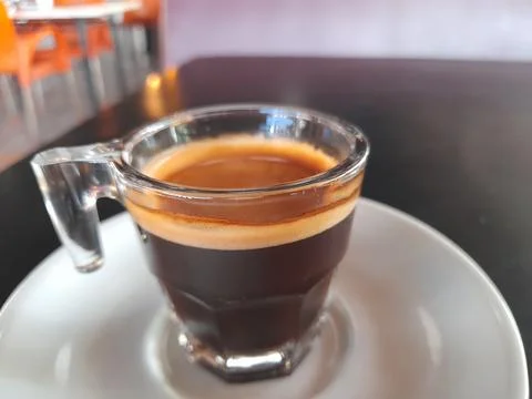 Close-Up of Hot Double Espresso with Perfect Crema on a Dark Table Stock Photos