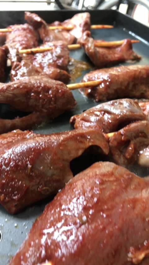 Close-up of a hot grill with anticuchos Stock Footage 286280592