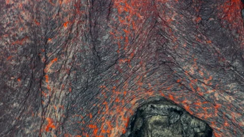 Close up of hot magma lava river flowing Stock Footage 335498276