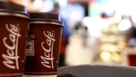 Close up hot Mccafe coffee at mcdonalds fast food restaurant Stock Footage 73852219