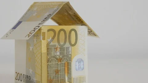 Close-up of house made of two hundred Euro banknotes 4K tilting footage Stock Footage 119882288