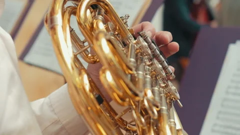 Close-up of how musicians play in an orchestra on various instruments Video stock 195953387