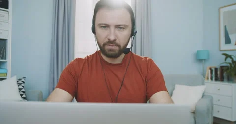 Close up of hr manager having distance webcam chat job interview on computer in Video stock 131328550