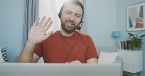 Close up of hr manager having distance webcam chat job interview on computer in Video stock 131328679