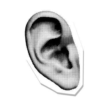 Close Up Human Ear sticker. Halftone Part Of Body. 90s vector illustration. Illustrazione stock