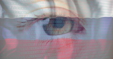 Close-up of human eye with binary code animation in foreground Video stock 304767091