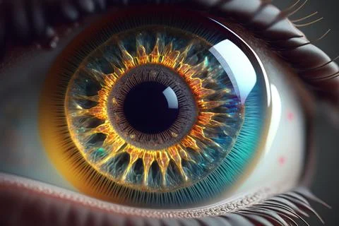 A close up of a human eye with a blue iris and yellow iris in the center re.. Illustrazione stock