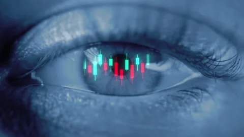 Close up of human eye with candlestick chart reflection, trader financial market Stock-Footage 345105898