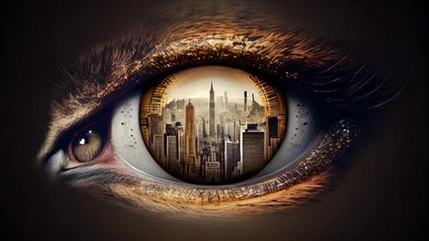 Close-up of human eye with cityscape in the background. Stock Illustration