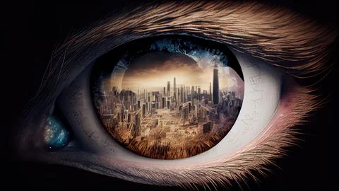 Close up of human eye with cityscape in background. Mixed media Stock Illustration