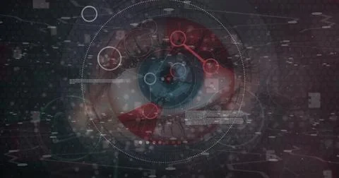 A close-up of human eye with digital graphics and data overlays Stock Photos