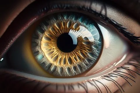A close up of a human eye with a yellow iris and black iris iris in the cen.. Illustration