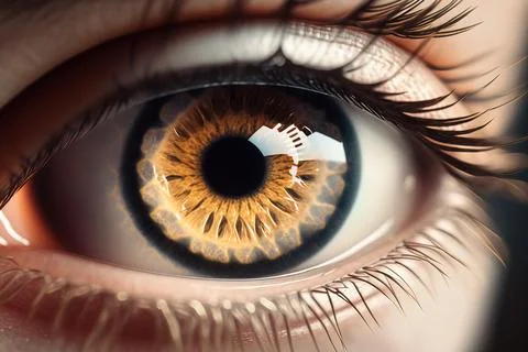 A close up of a human eye with a yellow iris and black iris iris with a whi.. Stock Illustration
