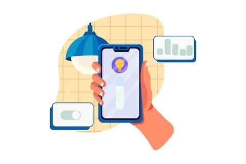 Close-up Of A Human Hand Adjusting Electric Light Through Mobile Phone At Hom Stock-Illustration