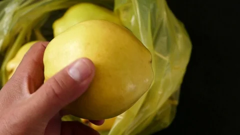 Close-up of a human hand and quince fruit, quince useful for health,quince fruit Vídeo Stock 101095644