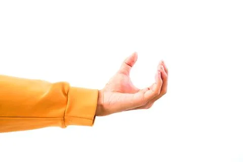 Close-up of a human hand with palm open facing forward against a plain whit.. Foto stock