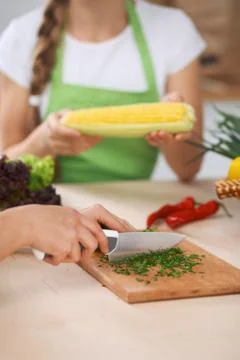 Close-up of human hands cooking vegetables salad in kitchen. Healthy meal and 스톡 사진