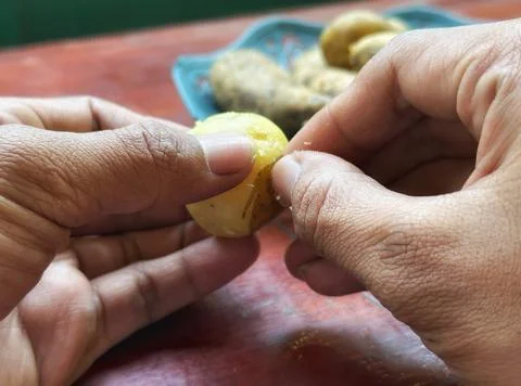 Close up of human hands peeling fresh raw potato with hand Stock Photos