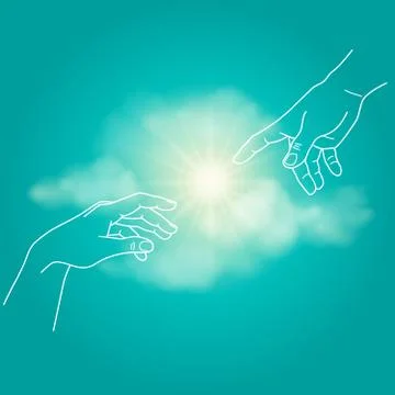 Close up of human hands touching with fingers. Adam and God, touch, hope, help Stock Illustration