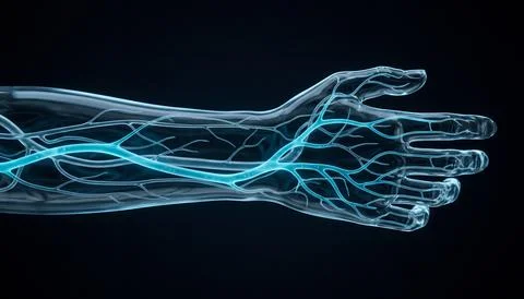 Close up of human nervous system and blood vessels in arm and hand. Stock Illustration