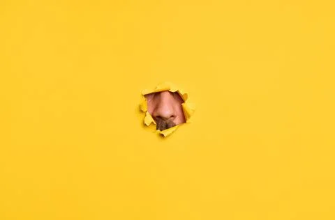 Close-up of  human nose through torn yellow paper. Stock Photos