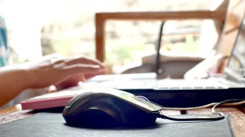 Close up of human right hand using mouse to control and working Video stock 154976624