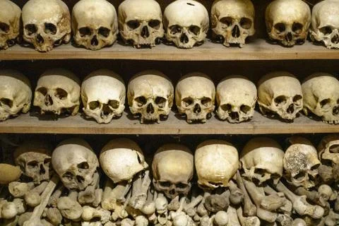 Close-up of human skull and bones in abundance, Meteora, Greece Stock Photos