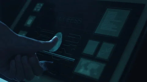 Close up human is touching interface computer monitor, fingerprint biometric  Stock Footage 153737247