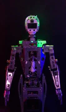 Close-up of humanoid robot head with micro-cameras eyes Stock Photos