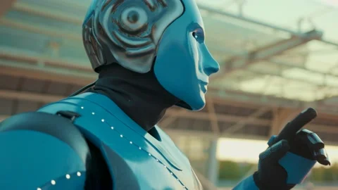 Close up humanoid robot looking around glowing eyes puts his finger to nose on Video stock 133304468