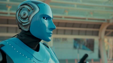 Close up humanoid robot looking away glowing eyes show quieter gesture on street Video stock 133304484