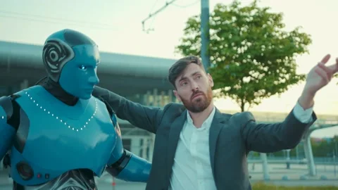 Close up humanoid robot walk help to a drunken friend man on street in the city Stock Footage 133308254