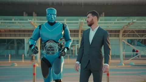 Close up humanoid robot walks with man talk shake hands on street in the city Stock Footage 133302818