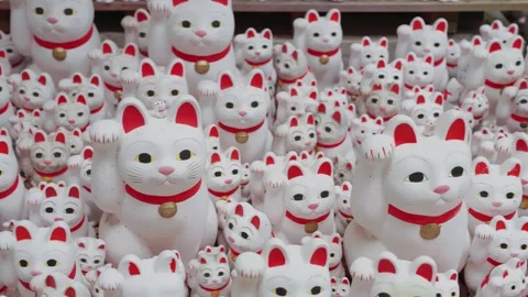 Close-up of hundreds of iconic Maneki Neko lucky cat statues at Gotokuji Temple Stock Footage 342283075