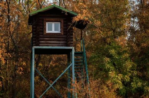 Close up of hunting tower in autumn forest Stock Photos