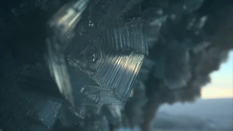 Close up ice crystal, sharp ice snowflakes on stalactites inside frozen cave Stock Footage 274480557