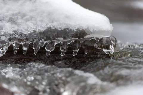 Close-Up of Ice Formation Encasing a Stone in Winter Stream Stock Photos