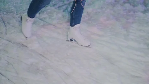 Close Up of Ice Rink Skating. Evening Atmospheric Shining City Park. Happy Young Stock Footage 123961629