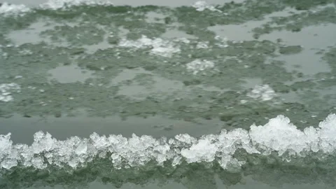 Close of Ice in River flowing past shore ice Stock Footage 327712439