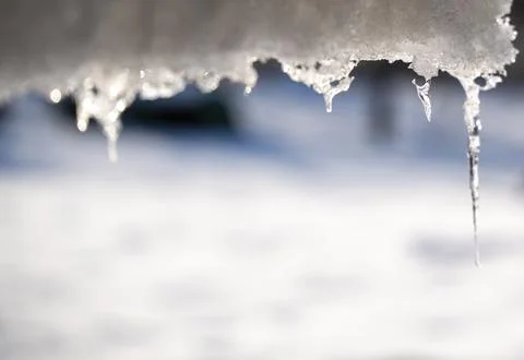 Close-up of icicles hanging from a snowy surface, capturing the intricate Stock Photos