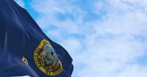 Close-up of the Idaho state flag waving in the wind on a clear day Stock Footage 341630952