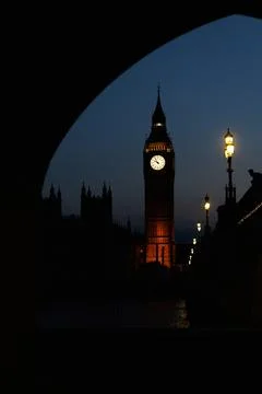 Close-up of illuminated Big Ben clock tower at sunset Stock Photos