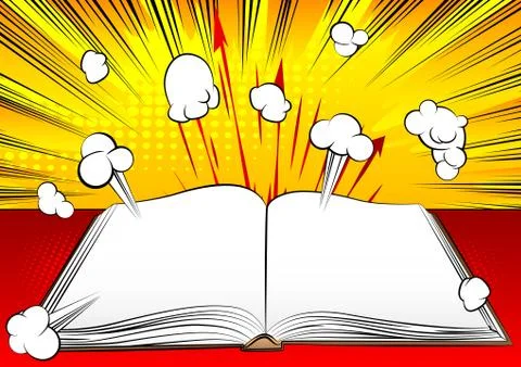 Close up illustration of opened textbook with blank pages - comic book style, Stock Illustration