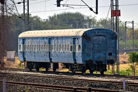 Close up image of an abandoned, de-funct Indian railway coach spotted near .. Stock Photos