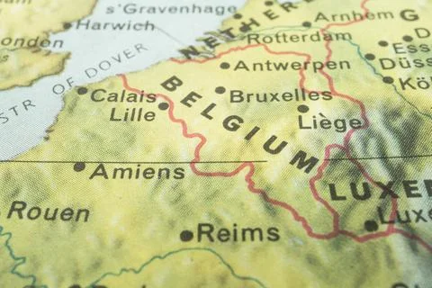 Close-up image of Belgium map, showing cities like Brussels and Luxembourg,.. Stock Photos