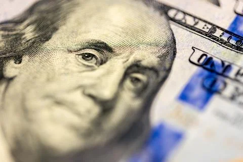 Close-up image of Benjamin Franklin on 100 bill. Finance concept. Foto stock