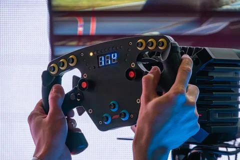 Close-up image of black and metallic gaming controller, complex design with m Stock Photos