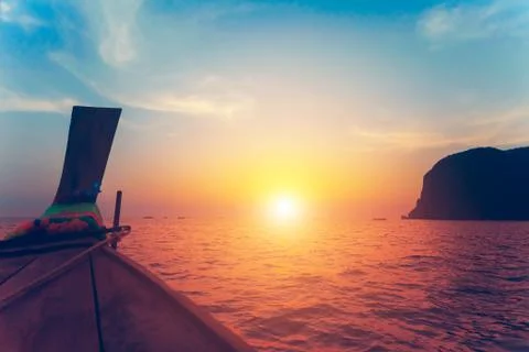 Close up image of the bow of the boat. Sunset. Stock-Fotos