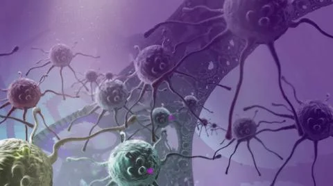 .Close image of bunch green and yellow cancer cells with large beam dust Stock Illustration