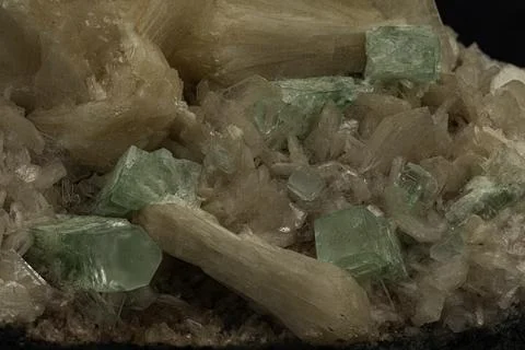 This close-up image captures the unique textures and colors of apophyllite .. Stock Photos